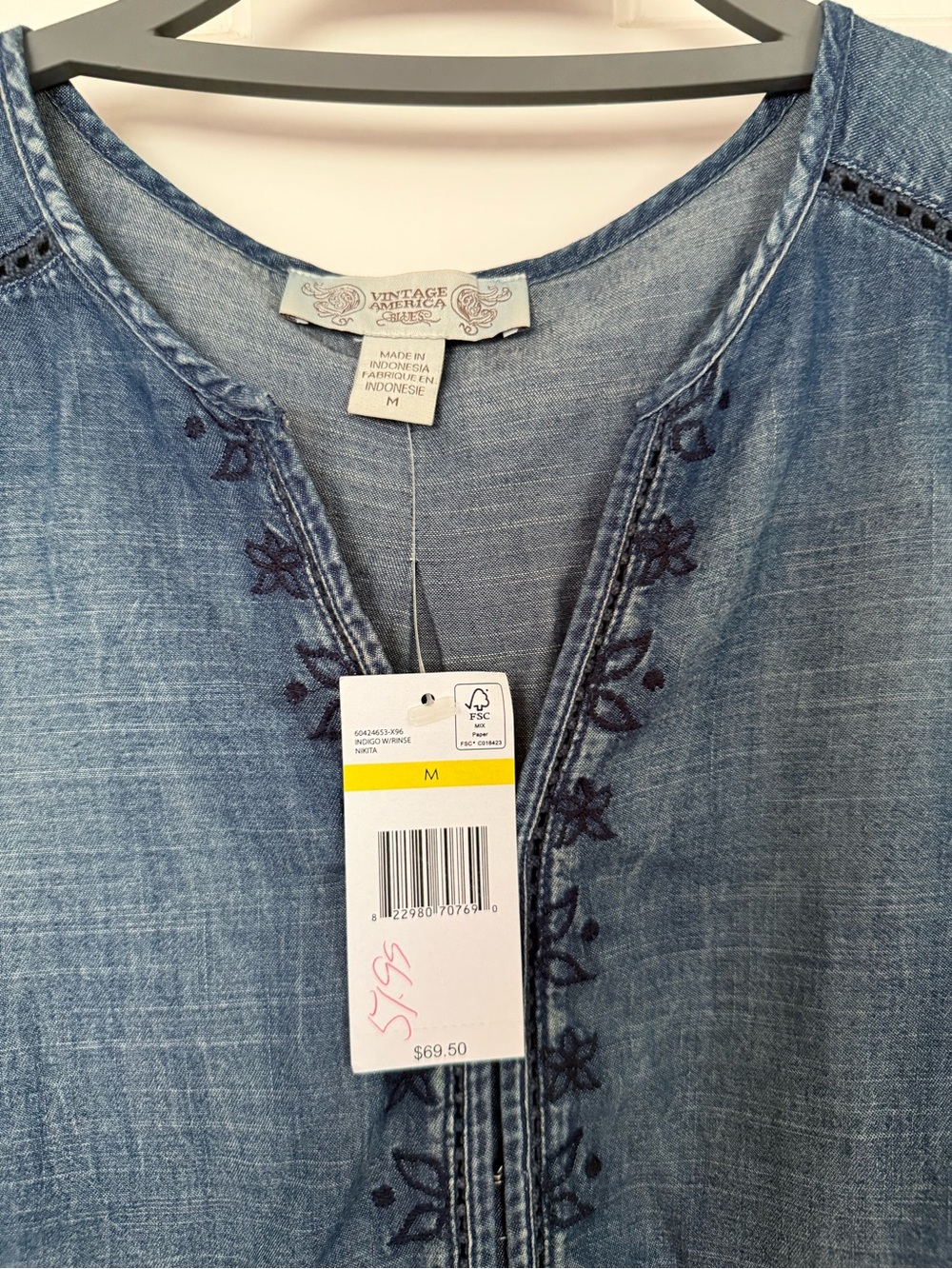 Vintage America Sleeveless Embroidered Chambray Tunic - Blue - Picture 3 of 3